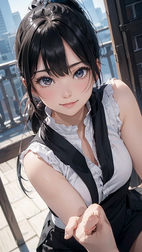 8k resolution,((Best Quality)),Ultra-high resolution,Adult women, Alone, sexy, (A seductive smile), (Black eyes), A beautiful, symmetrical face, (Long black ponytail),Sleeveless shirt,Short skirt,Realistic:1.4,Realistic:1.4,(masterpiece:1.2),Perfect Eyes,Perfect Eyes,（Open your mouth:1.3),（sweat:1.4）,Slightly see-through clothing,Perfect thighs,Curvy body lines,Raise your arms up