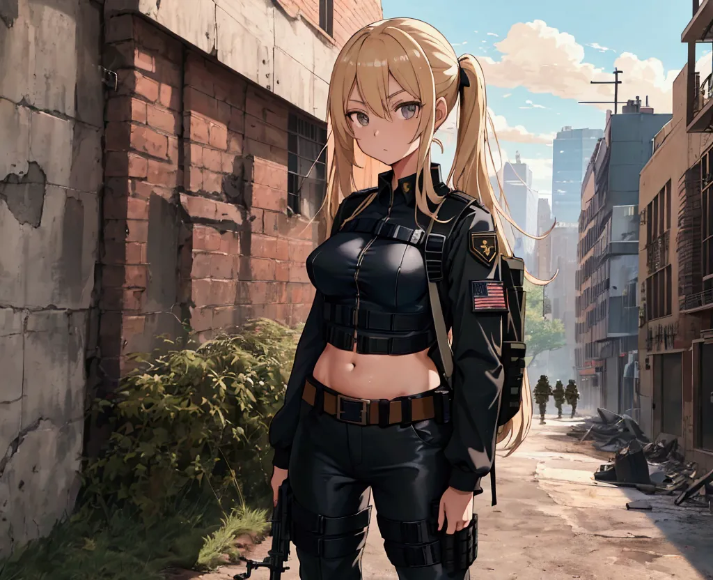 military girl holding a rifle in her right arm and a backpack, , long hair, blonde hair, holding a high-quality rifle, her backp...