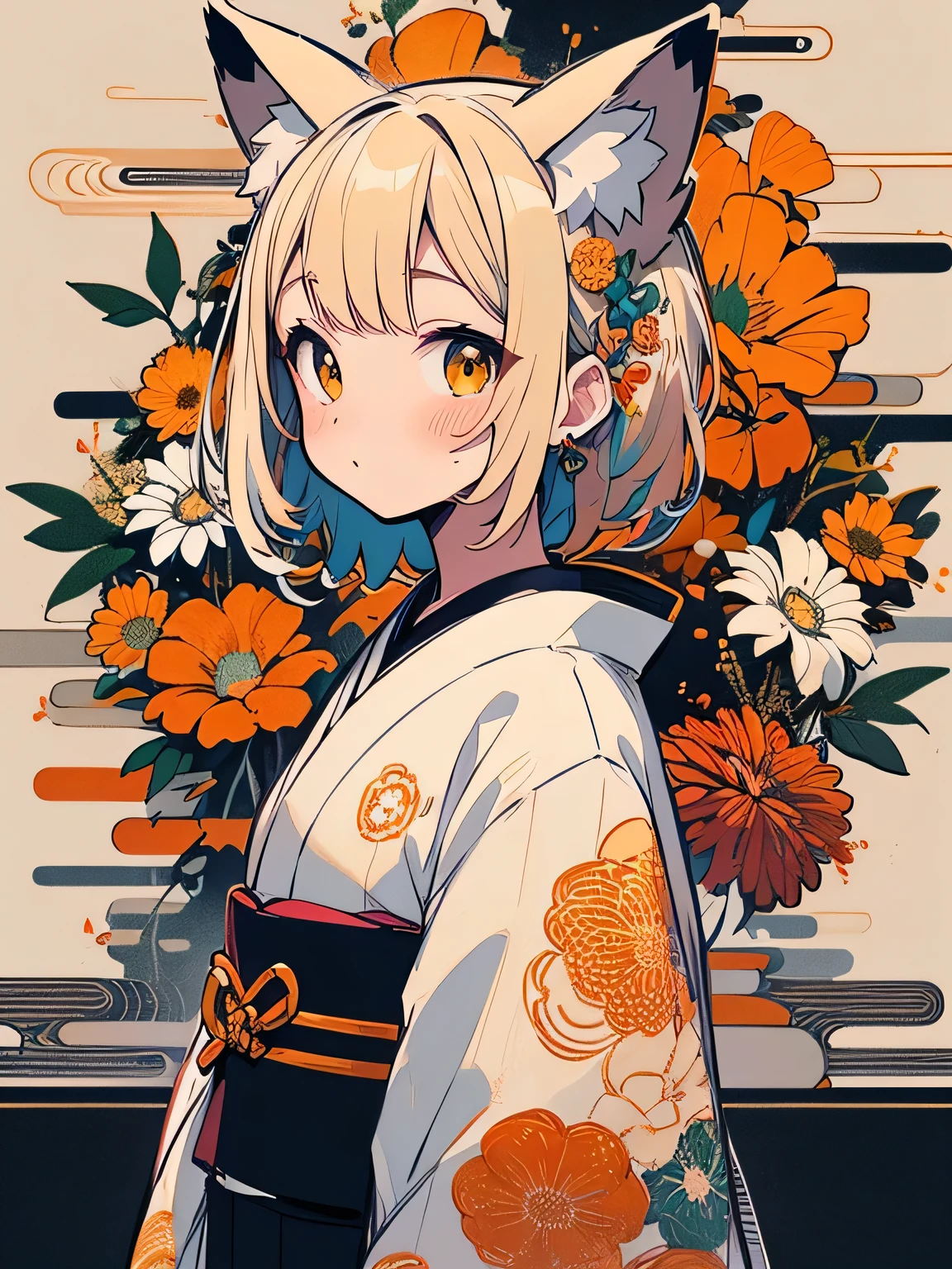 sideview,(looking at viewer),solo,((wariza)),(bluntbangs:1.2),cute face,blonde,fox ear,(orange color 
japanese flower design kimono),dainty,elegant,flowers,birds,wind and moon,(kaleidoscope),(manga style),(sketch),(illustration),