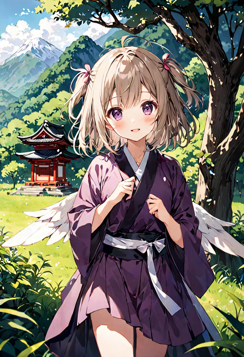 1 cute girl,
(light brown hair, lob hair, two side up, messy hair),
(dark magenta eyes, tareme),
smile,
parted lips,

looking at viewer,

(dark purple Tengu costume),
(light brown Bird Wings behind the waist),

cowboy shot, solo, 

(depth of field),
noon sky, little cloud, incident light,
a lush green hillside next to a forest filled mountain,
a small shrine,
tree in the foreground,