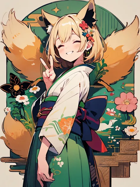 sideview,(looking at viewer),solo,((wariza)),(bluntbangs:1.2),cute face,blonde,fox ear,(green color japanese flower design kimon...