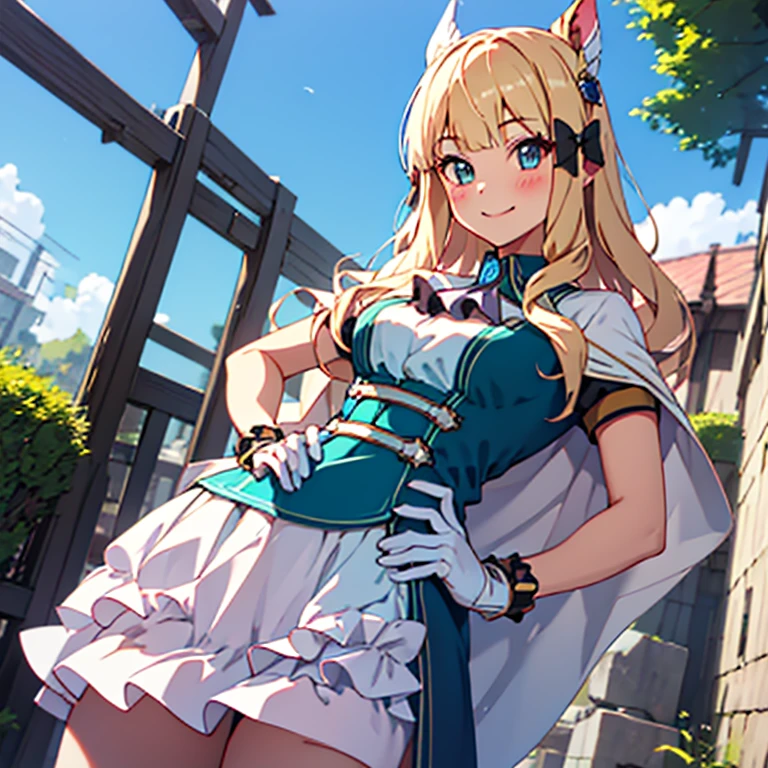 Very detailed, eyes simples,(Outdoor,Hands on hips),(chest grandes),((One girl)), Hinds_\(Princess_Connect!\),Franja, therefore_bow, blonde_hair, green_eye, blush, bow, chest, cable, layer, dress, Our, gloves, hair_bow, hair_ornament,length_hair, Looking for_in_Viewer, The sky opens up_Boca, pointed_ear, smile, ,White Skirt