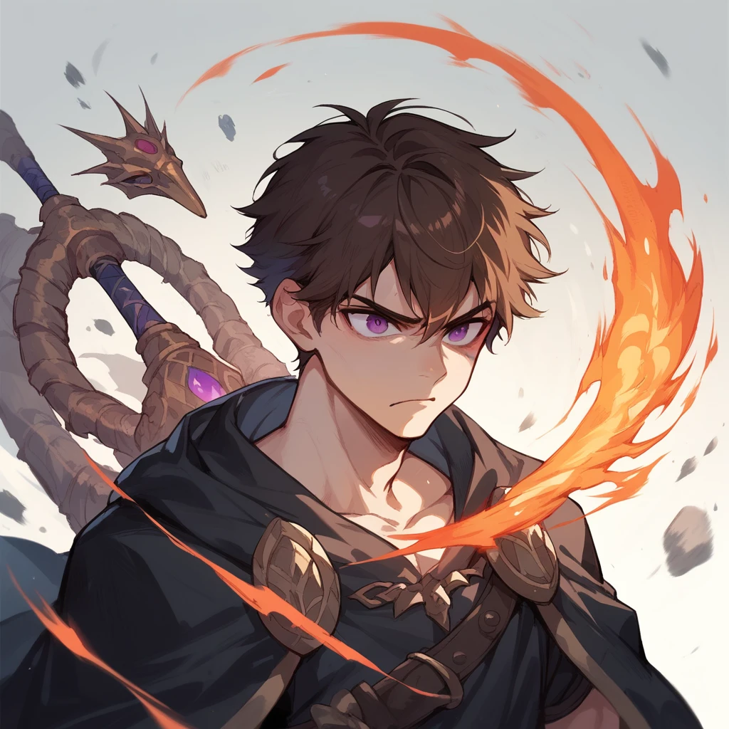 an 18yr young boy, shoulder length brown hair and blazing purple eyes,powers of various weapons, wearing a black robe facing,attack on monster stone