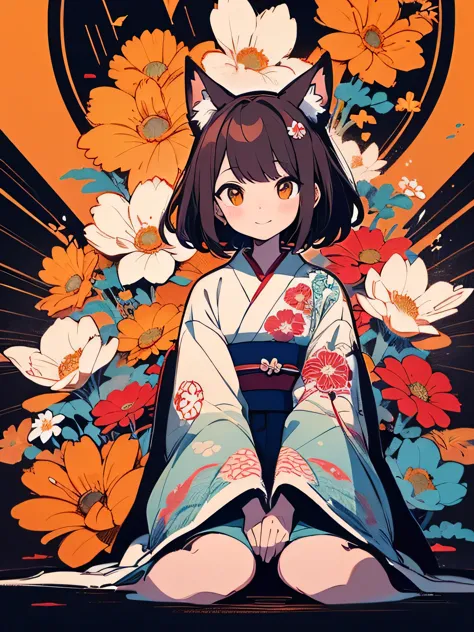 solo,((wariza)),brown hair,(bluntbangs:1.2),cute face,blonde,fox ear,(orange color 
japanese flower design kimono),dainty,elegan...