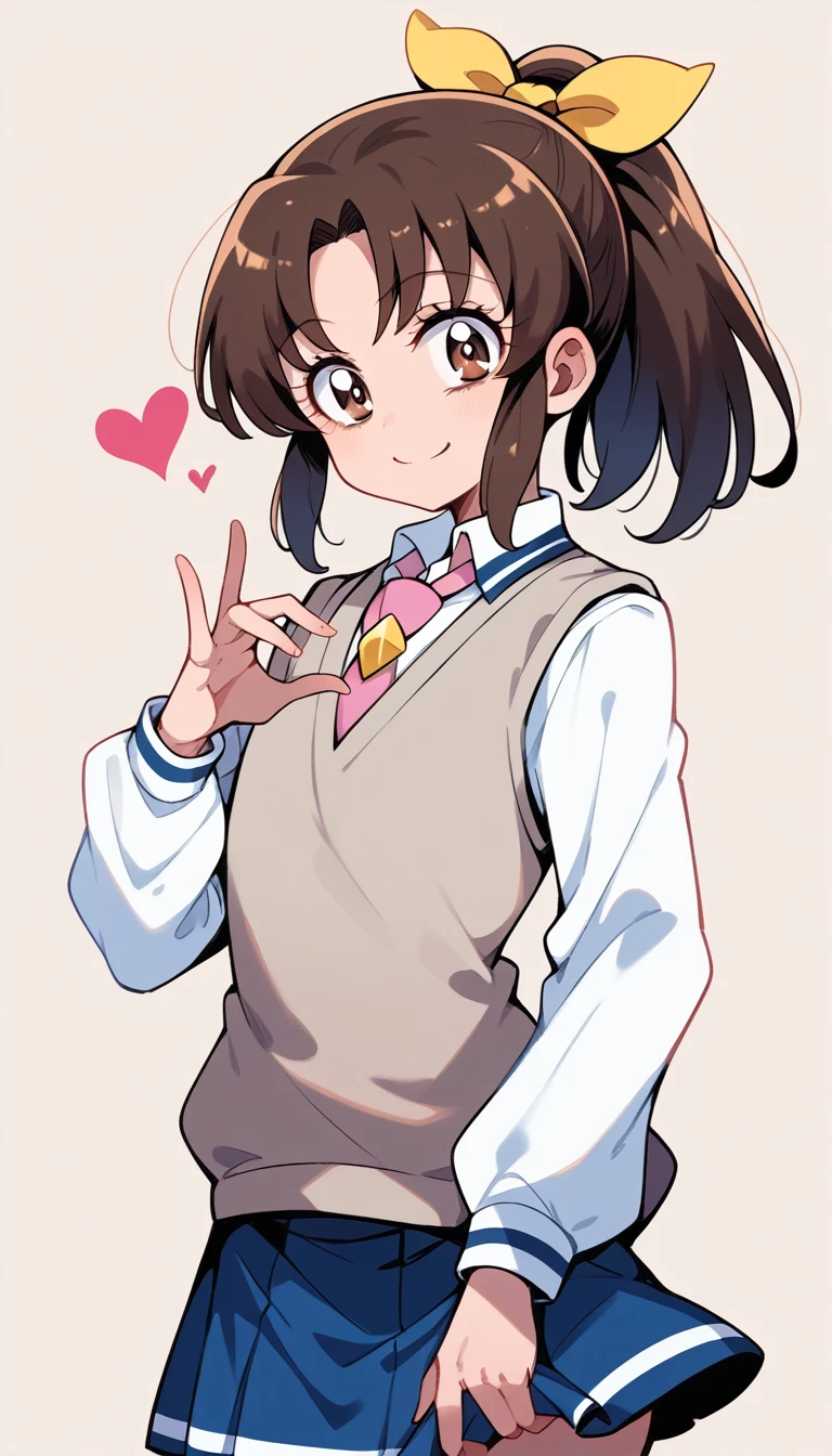 Score 9, Score 8 up, Score 7 up, The evaluation is questionable,
Detailed Background, Glowing Skin, Nao Midorikawa, (brown hair), Sagging eyes, brown eyes, ponytail, (Light blue hair ribbon), Junior High School Uniform, Pink tie, (gray pleats skirt), Navy sweater vest,girl, Grab your chest, smile, Clevis, Heart with hands placed in front of chest, Viewer discretion advised,