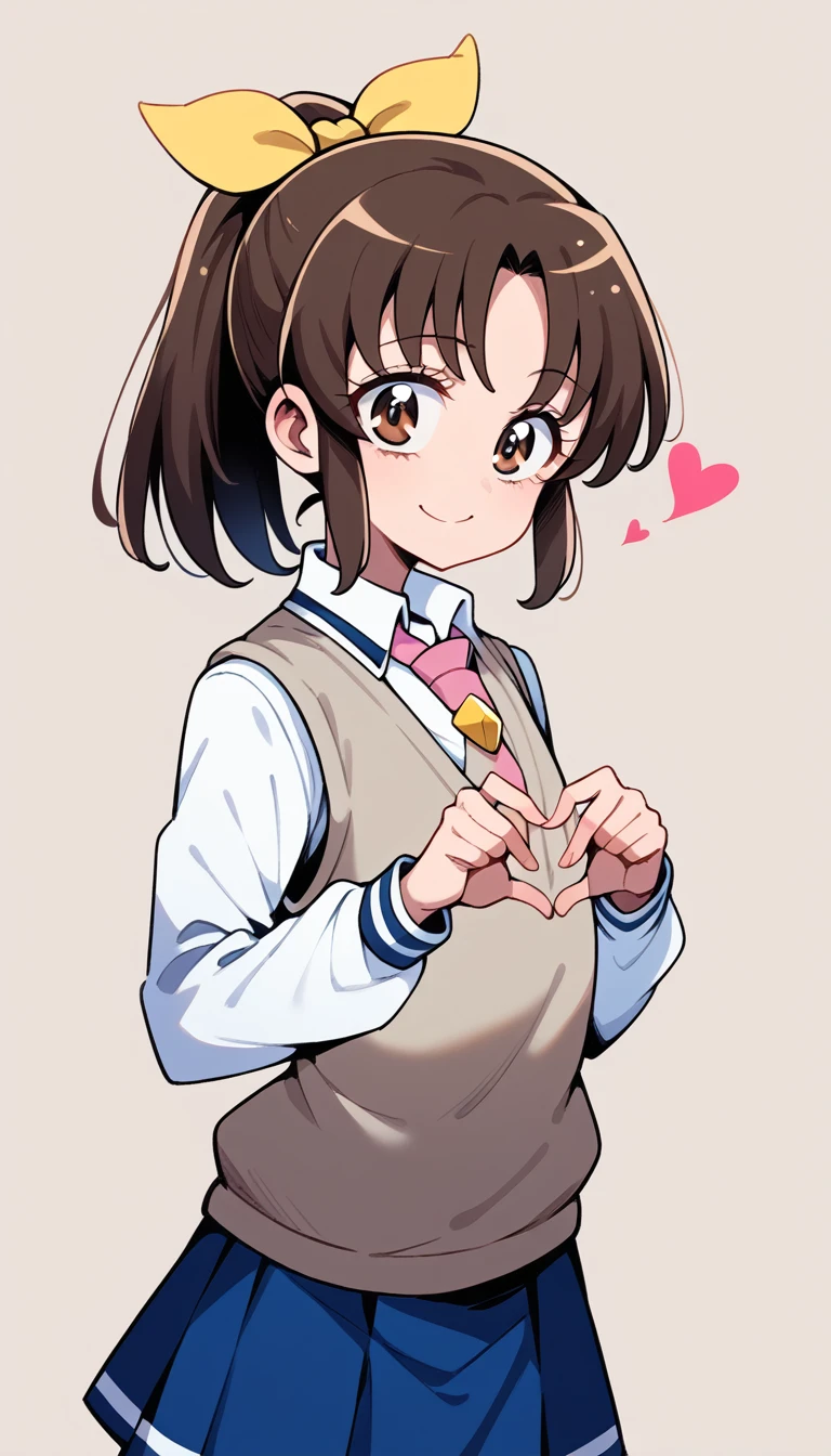 Score 9, Score 8 up, Score 7 up, The evaluation is questionable,
Detailed Background, Glowing Skin, Nao Midorikawa, (brown hair), Sagging eyes, brown eyes, ponytail, (Light blue hair ribbon), Junior High School Uniform, Pink tie, (gray pleats skirt), Navy sweater vest,girl, Grab your chest, smile, Clevis, Heart with hands placed in front of chest, Viewer discretion advised,