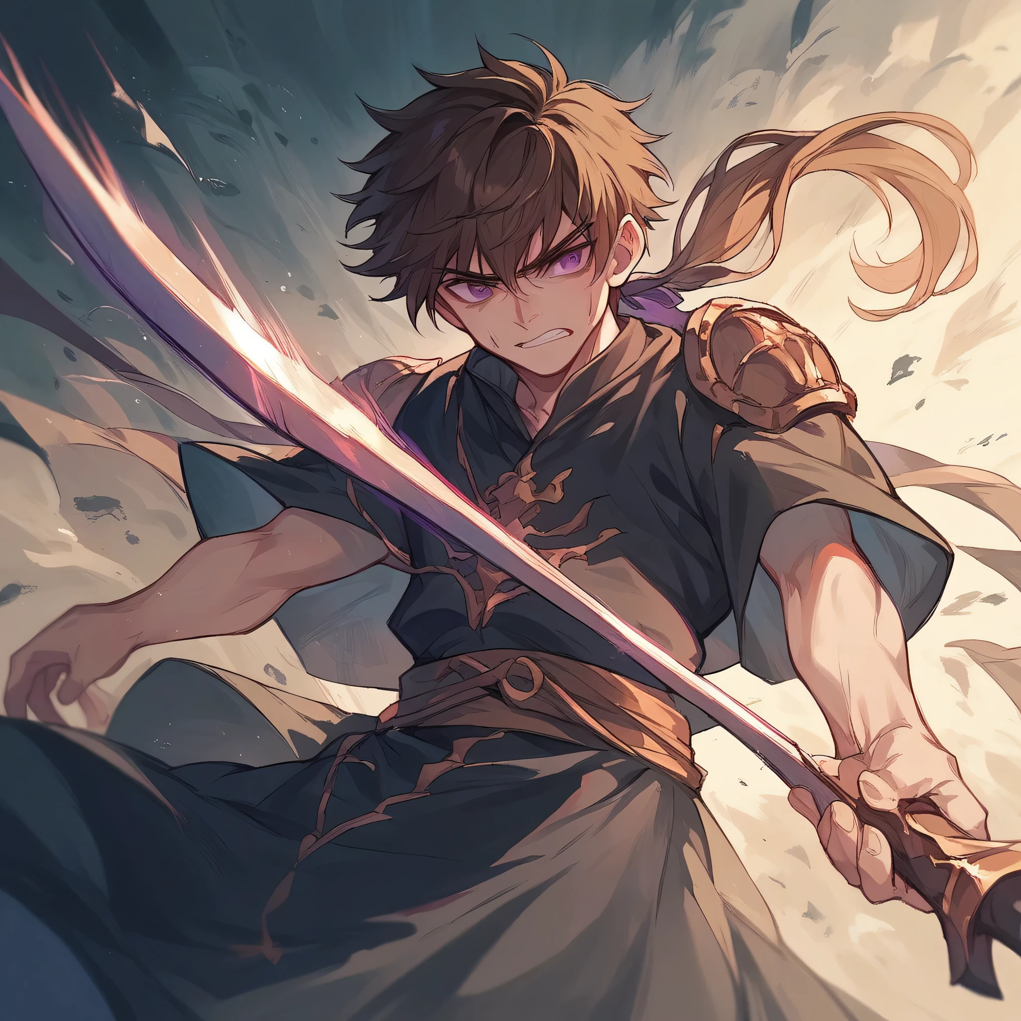 an 18yr young boy, shoulder length brown hair and purple eyes,powers of sword much weapons, wearing a black robe facing,attack on monster stone