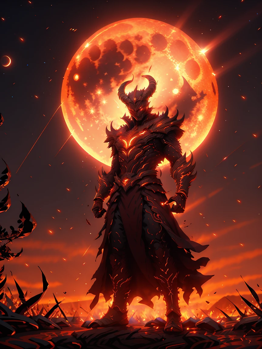 1man, a demonic demon standing in front of a full moon with a red light on his face and a red light on his head,fire,aurora,burning, emb3r4rmor ,embers,glowing,cloud,glowing eyes,campfire,crescent moon,male focus,constellation,cloudy sky,light particles,flame,solo,night sky,diffraction spikes,dusk,full moon,sky,galaxy,space,sparkle,star \(sky\),molten rock,starry sky,moon,moonlight,gradient sky,night,lens flare,red moon,orange sky,outdoors,red sky,sunset,milky way,sun,planet,shooting star,purple sky,starry background,twilight,1man,
((best quality)),((masterpiece)),((highres)),((detailed)), original, extremely detailed 8K wallpaper,intricate details, hyperdetailed, hyper quality, high detail, ultra detailed,perfect lighting,, anime,comic,game CG,