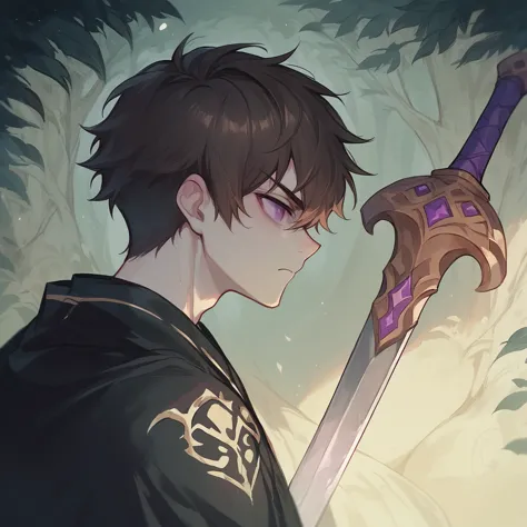 an 18yr young boy, shoulder length brown hair and purple eyes,powers of sword much weapons, wearing a black robe facing,attack o...