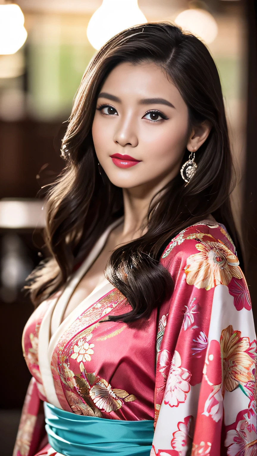 Realistic, Highest quality, 8k, woman, 20-year-old, Sakura pattern kimono, Large Bust, Long Hair, Ultra-detailed skin textures, Soft Lighting, Fairy, Bokeh, Red Lipstick, Sensual Lipstick, Sensational Make up 