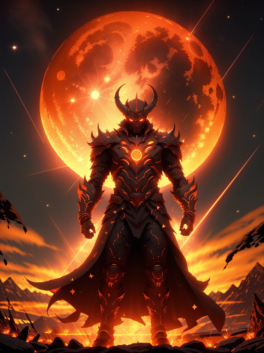 1man, a demonic demon standing in front of a full moon with a red light on his face and a red light on his head,fire,aurora,burning, emb3r4rmor ,embers,glowing,cloud,glowing eyes,campfire,crescent moon,male focus,constellation,cloudy sky,light particles,flame,solo,night sky,diffraction spikes,dusk,full moon,sky,galaxy,space,sparkle,star \(sky\),molten rock,starry sky,moon,moonlight,gradient sky,night,lens flare,red moon,orange sky,outdoors,red sky,sunset,milky way,sun,planet,shooting star,purple sky,starry background,twilight,1man,
((best quality)),((masterpiece)),((highres)),((detailed)), original, extremely detailed 8K wallpaper,intricate details, hyperdetailed, hyper quality, high detail, ultra detailed,perfect lighting,, anime,comic,game CG,