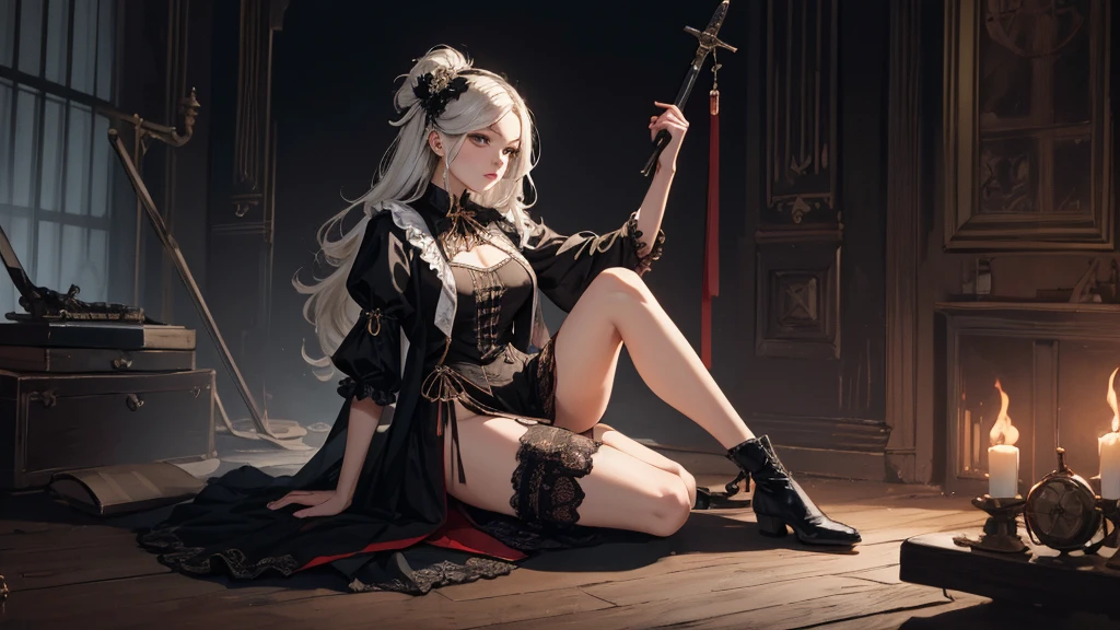  ((best quality)), ((masterpiece)), (detailed), 1girl, adult, perfect anatomy, thick thighs, detailed eyes, detailed face, beautiful face, red and white clothing, Bloodborne inspired, occult aesthetic, occult, detailed and intricate steampunk and detailed gothic, Very dramatic and cinematic lighting, cosmic horror, grim-dark, side-lighting, perfect face, Fluttering lace flared long knee length dress with frilly petticoats, knee length dress, pleated petticoats, complex lace boots, side-lighting, wielding a mighty sword with mechanical components, carbine, full body, whole body, head-to-toe, SFW, 