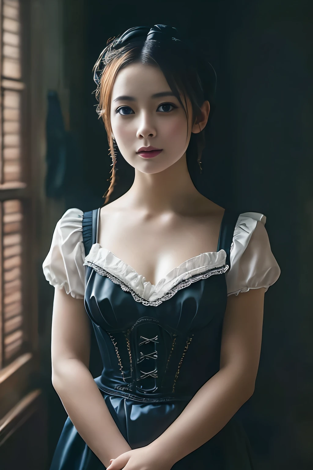 (highest quality、Tabletop、8k、Best image quality、Award-winning works)、One beautiful Japanese woman、Glowing Beautiful Skin、(The finest and most gorgeous Victorian maid dresses:1.3)、Maid uniform with apron、Maid clothes with frills、Huge black and white maid dress、Gorgeous long skirt maid outfit、Shining Ultra HD Skin、(Accurate anatomy:1.1)、pensive, Look at viewer, (Photo from the waist up:1.1)、Cleavage、(Standing Elegantly:1.1)、(Blurred background of the most gorgeous mansion:1.2)、Portrait Photography、(Very atmospheric, romantic and warm lighting:1.1)、光を受けてGlowing Beautiful Skin、(The most detailed and perfect face:1.1)、(The most detailed glowing eyes:1.1)、(Beautiful and moisturized skin:1.1)、