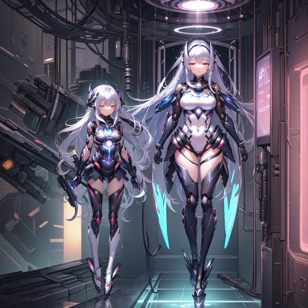 8K quality:1.2,1girl,Super beautiful illustration,Closed eyes,long straight hair,beautiful face,detailed face,Super beautiful woman,anime cyborg,Mecha,maintenance,connected to a plug,inside the glass tank,inside the container,brightly colored neon,bio computer,cyber-,near future,SF,Spotlight