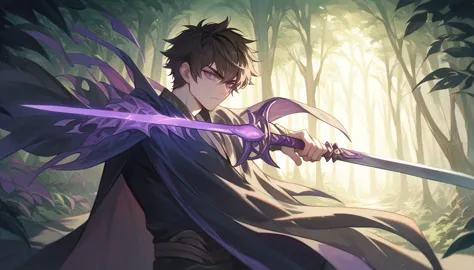 an 18yr young boy, shoulder length brown hair and purple eyes,powers shadow,holding sword light purple weapons, wearing a black ...