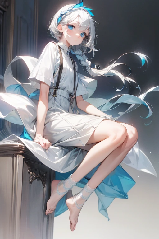 One , Gray Hair, White skin, Light blue hair accessory, White suspenders, Short white dress, Bright Blue Eyes, barefoot, Double Knit