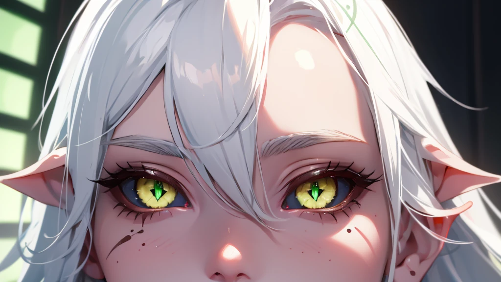 1girl, White hair, green eye, black sclera, detailed face, beautiful face, detailed eye, elf, tattooed, full body, tall, perfect anatomy, suggestive pose