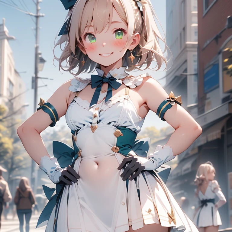 Very detailed, eyes simples,(Outdoor,Hands on hips),(chest grandes),((One girl)), Hinds_\(Princess_Connect!\),Franja, therefore_bow, blonde_hair, green_eye, blush, bow, chest, cable, layer, dress, Our, gloves, hair_bow, hair_ornament,length_hair, Looking for_in_Viewer, The sky opens up_Boca, pointed_ear, smile, ,White Skirt