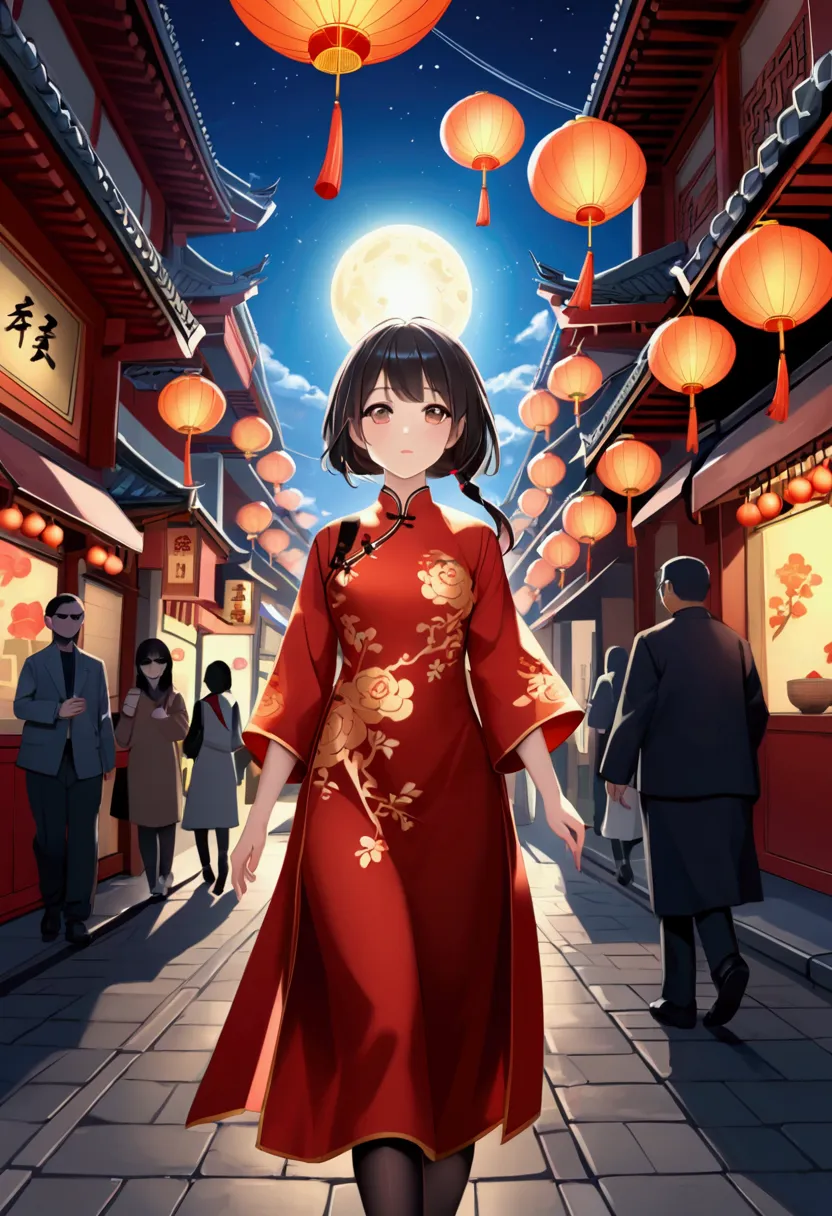 a beautiful girl wearing chinese clothing walking through chinatown