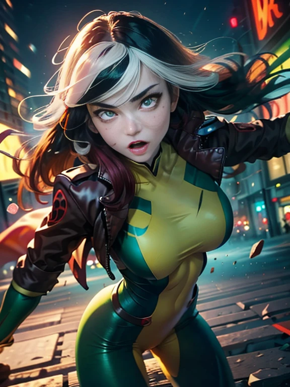 ((SUPERHEROINE ROGUE)) , ((She has long hair)), (She is wearing her uniform), (masterpiece, best quality) 1girl, Alone, (sexy, Pretty woman, Perfect face, perfect eyes), (cowboy shot:1.5), (ROGUE:1.5), (ahegao:1.5), (rolling eyes:1.5), (nipples:1.1), dynamic pose, superhero battle pose. . ((((action)))), ((movement)), (((motion))), ((dynamic)), background, a city in the night, city lights, blur background.
