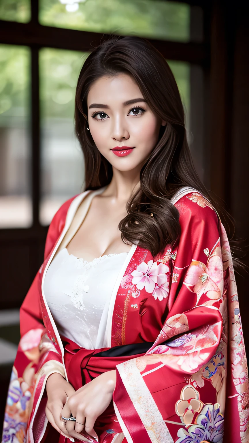 Realistic, Highest quality, 8k, woman, 20-year-old, Sakura pattern kimono, Large Bust, Long Hair, Ultra-detailed skin textures, Soft Lighting, Fairy, Bokeh, Red Lipstick, Sensual Lipstick, Sensational Make up 