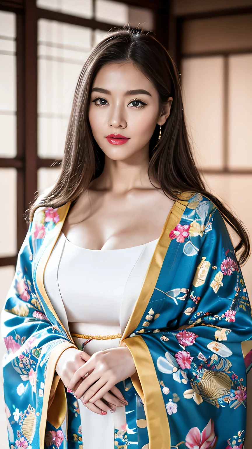 Realistic, Highest quality, 8k, woman, 20-year-old, Sakura pattern kimono, Large Bust, Long Hair, Ultra-detailed skin textures, Soft Lighting, Fairy, Bokeh, Red Lipstick, Sensual Lipstick, Sensational Make up 