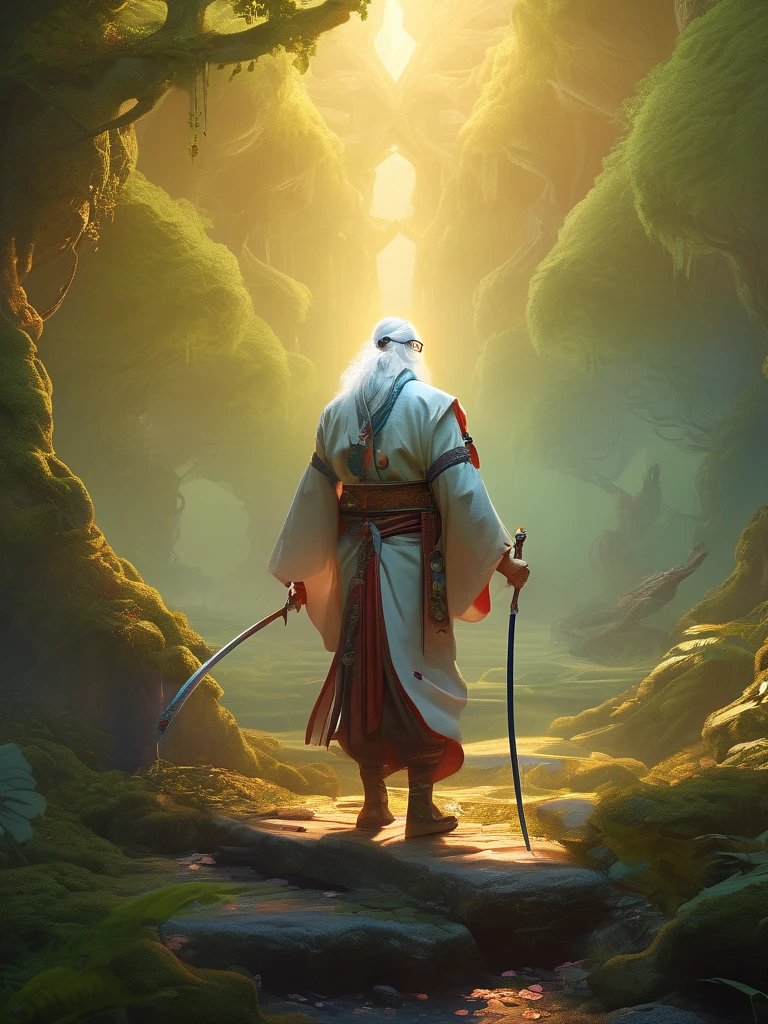 masterpiece, best quality, (extremely detailed CG unity 8k wallpaper), (best quality), (best illustration), (best shadow), absurdres, realistic lighting, (Abyss), beautiful detailed glow, art by PeterMohrBacher, Japanese man wearing glasses, white hair