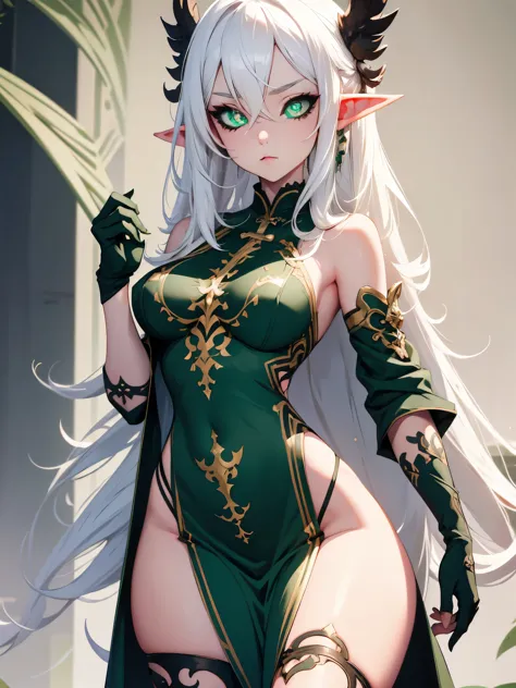 1girl, white hair, green eye, black sclera, detailed face, beautiful face, detailed eye, elf, tattooed, full body, tall, perfect...