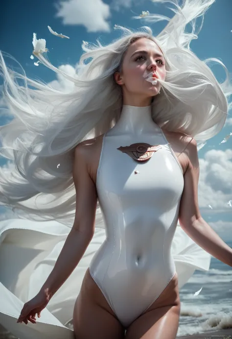 beautiful girl in white swimsuit, latex one-piece swimsuit, white hair blowing in the wind, ((masterpiece, highest quality, high...