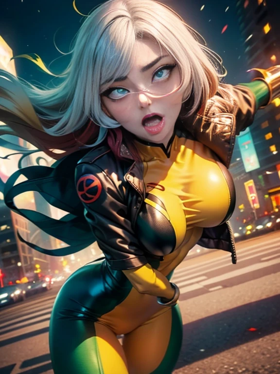 ((SUPERHEROINE ROGUE)) , ((She has long hair)), (She is wearing her uniform), (masterpiece, best quality) 1girl, Alone, (sexy, Pretty woman, Perfect face, perfect eyes), (cowboy shot:1.5), (ROGUE:1.5), (ahegao:1.5), (rolling eyes:1.5), nipples, dynamic pose, superhero battle pose. . ((((action)))), ((movement)), (((motion))), ((dynamic)), background, a city in the night, city lights, blur background.
