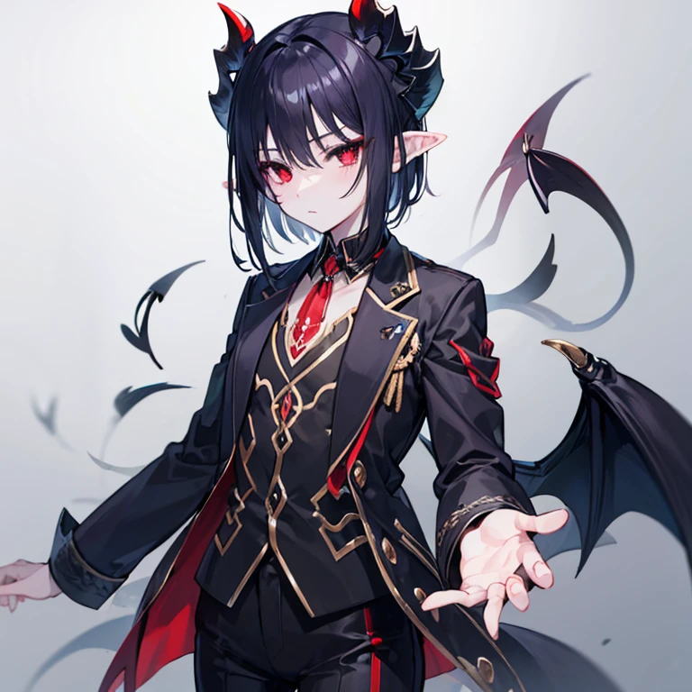 devil、Short black hair、Flat chest、suit、shirt、Slightly pointed ears、devilの尻尾、Red eyes、horn、Petite