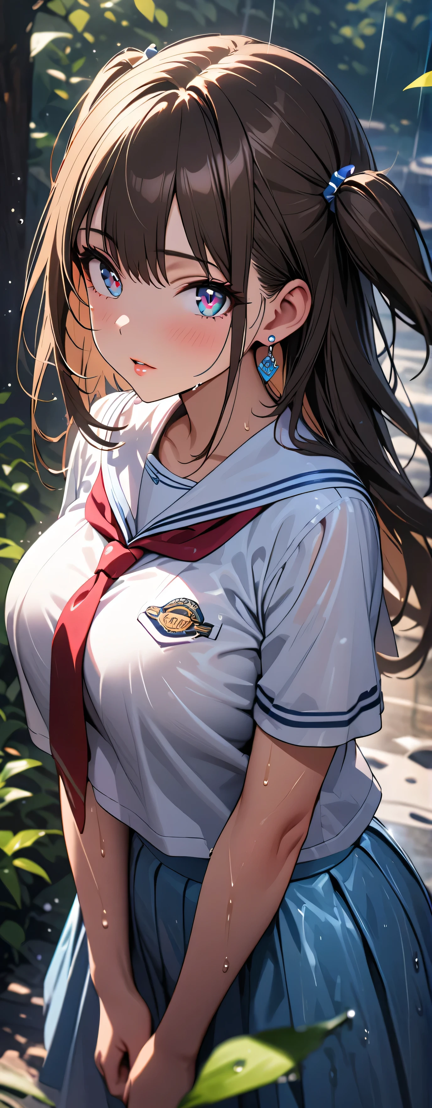 (beautiful girl: 1.3),1girl,masterpiece, Highest quality, Ultra-high resolution,rich contrast,super high quality,8k,Highly detailed CG unit wallpaper,texture,Incredibly absurd,Ultra-high resolution,RAW Photos,Depth of Field 1.2,(White Sailor Suit&Light blue skirt),Brown Hair,two side up,Ultra-detailed eyes,sensuous,Glowing Skin,Glitter effect,Beautiful glossy lips,loafers,leaves dripping with rain,sunlight through trees,post-rain aroma,Sigh,look up,(wet),(Large Breasts),After the Rain,focus on lips, Front close-up shot,Natural Makeup,Earrings