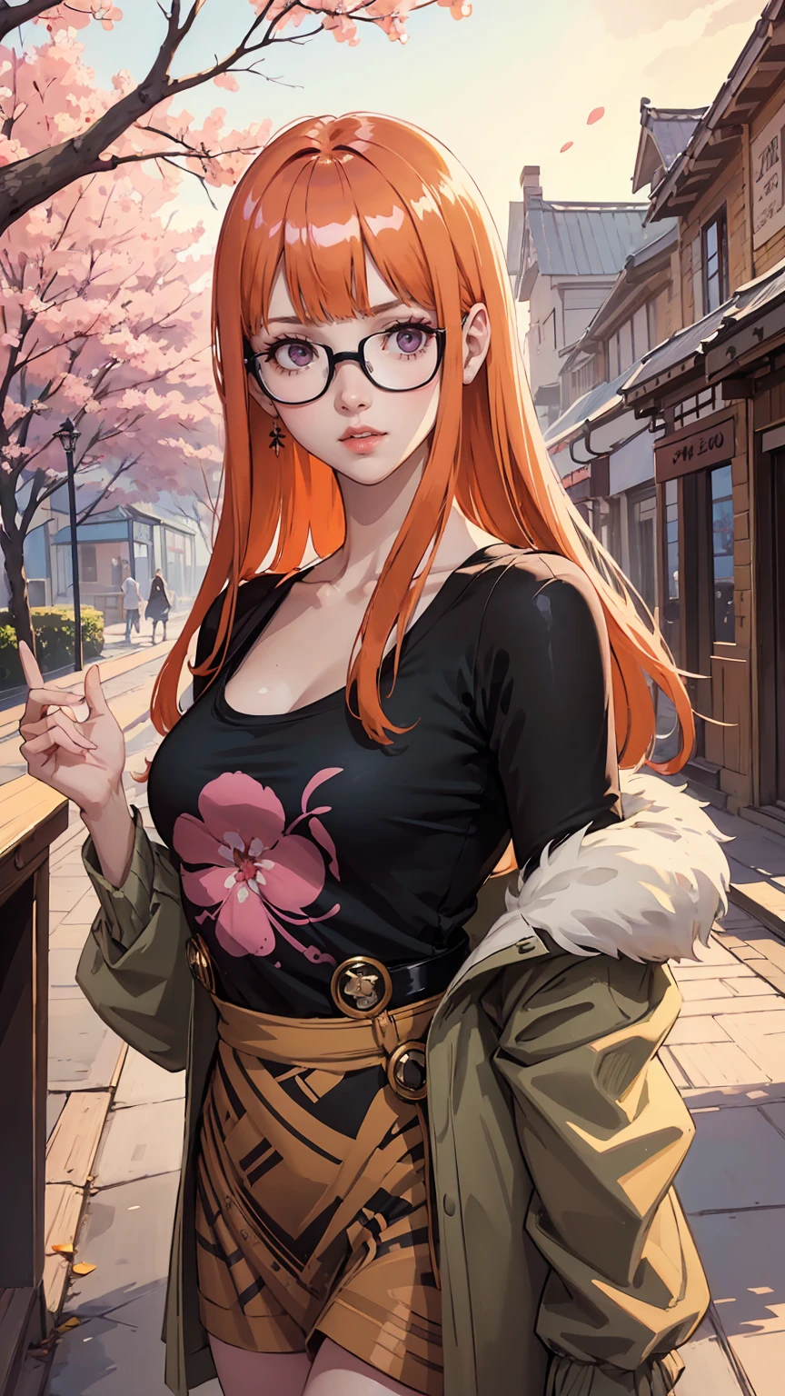 masutepiece, Best Quality, hight resolution, 1girl in, Sakura, Blunt bangs, eye glassesの,purple eyes , Ahoge,orange color hair、 eye glassesの, headphones, bura, Jacket, off shoulders, Fur trim, fur-trimmed jacket, Green jacket, Shorts, ,the golden hour,A smile that showed teeth、1black cat、tea shop、On the counter、Coffee、Sakura、Purple eyes、orange color hair、eye glasses、,​masterpiece、top-quality、Official art、illustratio、ligne claire、(Cool_Color)、perfect-composition、focal、acurate, Anatomically correct、 、hight resolution, Beautiful detailed glow, masutepiece*Portrait, 3D Face, Realistic, (masutepiece: 1.3), (max resolution: 1.2), (Ultra HDTV: 1.2), cinematric light, 8K resolution, phi ,​masterpiece、top-quality、Ultra Detail、(((shiny lips: 1.4)))Beautiful face, acurate, Anatomically correct, phiAlways detailed face and skin texture, Detailed eyes, Double eyelids, tThin eyebrows、 pale skin, Lustrous skin all over the body, Perfect face,Always detailed face and skin texture, Detailed eyes, Double eyelids, Thin eyebrows,Natural cheeks, Glossy skin, Fair skin: 1.2, (Glossy lips: 1.4), (((The most beautiful girl)))、(((beautiful a girl)))、（little blush）、（Beautiful face）、 Delicate and beautiful hair, Delicate and beautiful eyes and face, (Beautiful gorgeous cute western woman:1.3),)(((Very Beautiful face))))(((long lashes))))(((Circular twinkling eyes)))(((Glossy and glossy lips))) (((Cheeks with a slight reddish tinge:0.8)))(((Neat and straight nose bridge)))、(((Cowboy Shot)))crouching cowgirl,