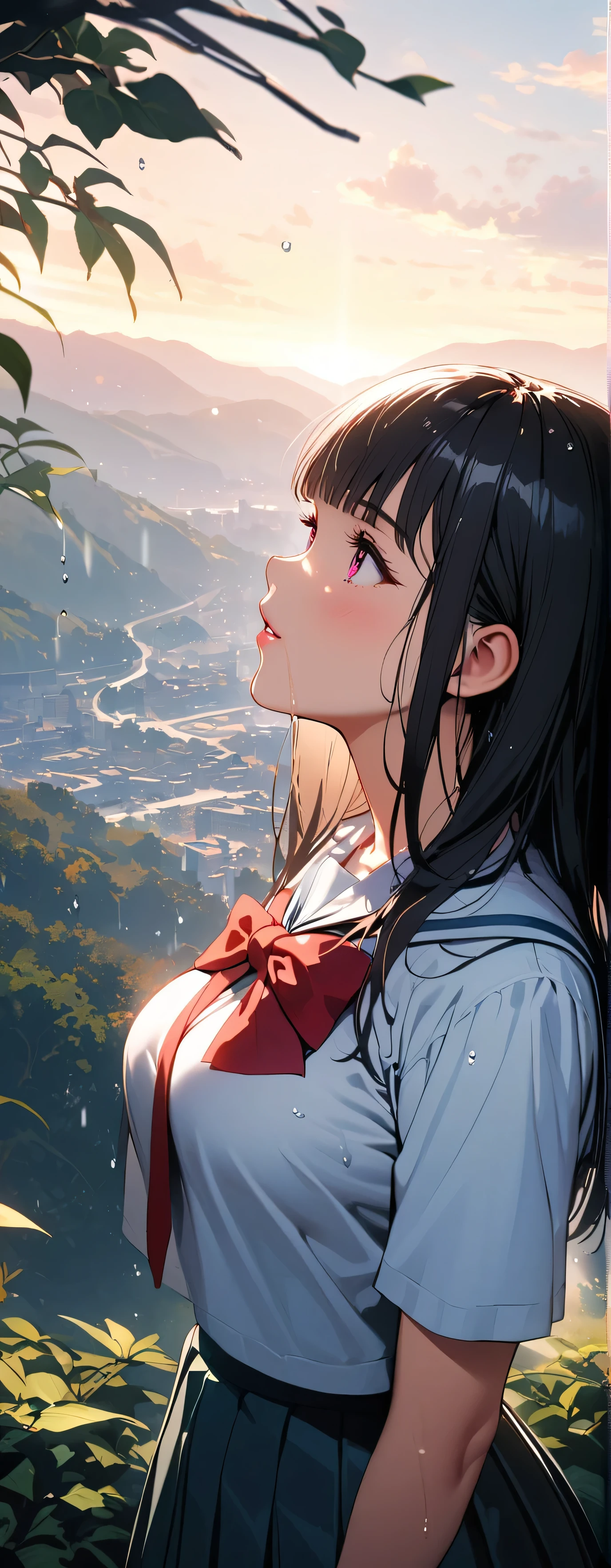 (beautiful girl: 1.3),1girl,masterpiece, Highest quality, Ultra-high resolution,rich contrast,super high quality,8k,Highly detailed CG unit wallpaper,texture,Incredibly absurd,Ultra-high resolution,RAW Photos,Depth of Field 1.2,overlooking,(magnificent panorama view:1.3),(High School Uniform&Pleated skirt:1.5),(blunt bangs,medium hair,Black Hair),Ultra-detailed eyes,sensuous,Glowing Skin,Glitter effect,Beautiful glossy lips,loafers,leaves dripping with rain,sunlight through trees,post-rain aroma,Sigh,look up,(wet),(Large Breasts),After the Rain,focus on lips, Face Up Shot