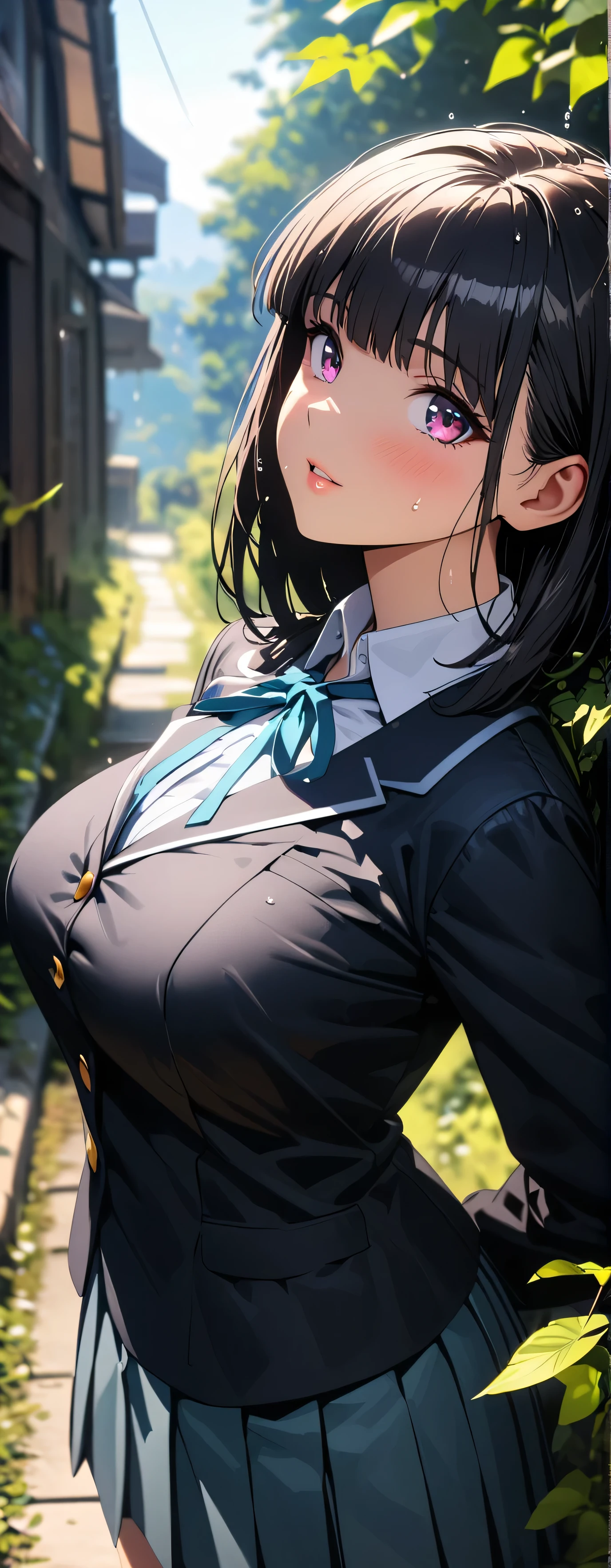 (beautiful girl: 1.3),1girl,masterpiece, Highest quality, Ultra-high resolution,rich contrast,super high quality,8k,Highly detailed CG unit wallpaper,texture,Incredibly absurd,Ultra-high resolution,RAW Photos,Depth of Field 1.2,overlooking,(magnificent panorama view:1.3),(High School Uniform&Pleated skirt:1.5),(blunt bangs,medium hair,Black Hair),Ultra-detailed eyes,sensuous,Glowing Skin,Glitter effect,Beautiful glossy lips,loafers,leaves dripping with rain,sunlight through trees,post-rain aroma,Sigh,look up,(wet),(Large Breasts),After the Rain,focus on lips, Face Up Shot