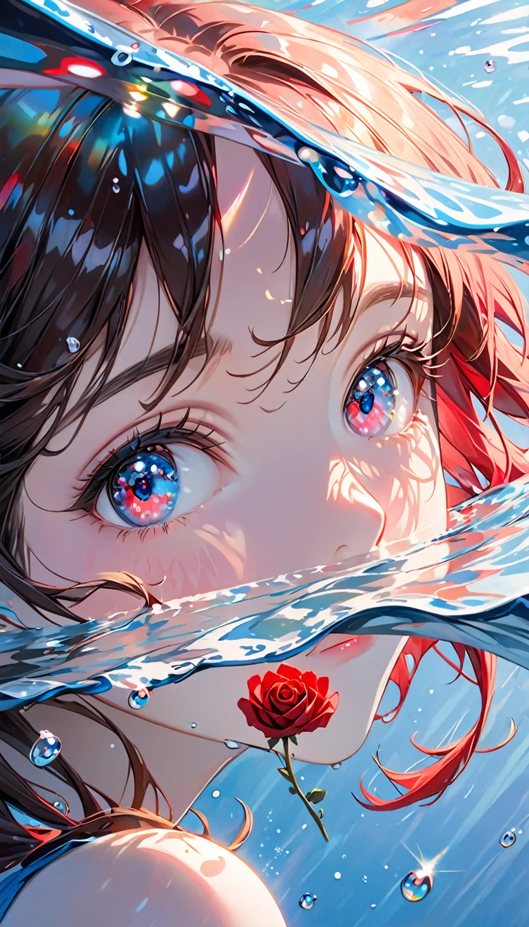 Girl swimming underwater,Ultra-detailed rendering style,shine,Rose red,Light blue,brush,ultrarealism oil painting,Shining eyes,Head close-up,Exaggerated perspective,Tyndall effect,Water Drop,Pearl oyster rainbow color,Holographic white,black background,