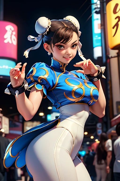 ((Chunli))、1 girl, 20 years old, ((masterpiece), (high aesthetic sense), (absolute resolution), on), pose, Contrasted, low angle, grinning, shy, erotic expression, looking down, Kabukicho streetscape, brown tights, white leggings, cinematic lighting, stunning face, symmetrical clear eyes, detailed body, shiny skin, chakki