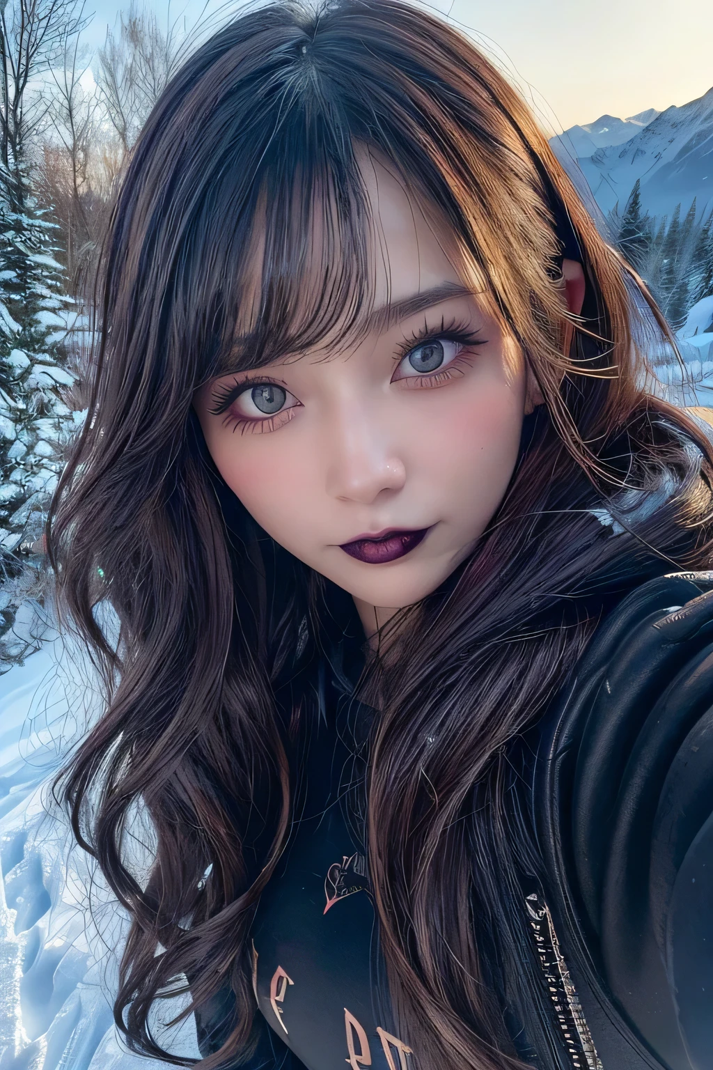 (Gothic Makeup:1.2), (Photogenic quality, Fidelity:1.9, Ultra-high-precision CG integrated 8K wallpaper), highest quality, A high resolution, RAW Photos, (Real skin texture:1.3), (Immersive atmosphere:0.8, Chiaroscuro:1.2), Textured skin, Highly detailed face, (beautiful girl), (ahegao:1.3), (photo realistic:1.3), Beautiful Women with Perfect Figure:1.3, (wavy Hair), Highly Detailed Face and Skin Texture, Snowboarding on a winter mountain trail, excited expression, winter jacket, snowboard boots, gliding on the snow