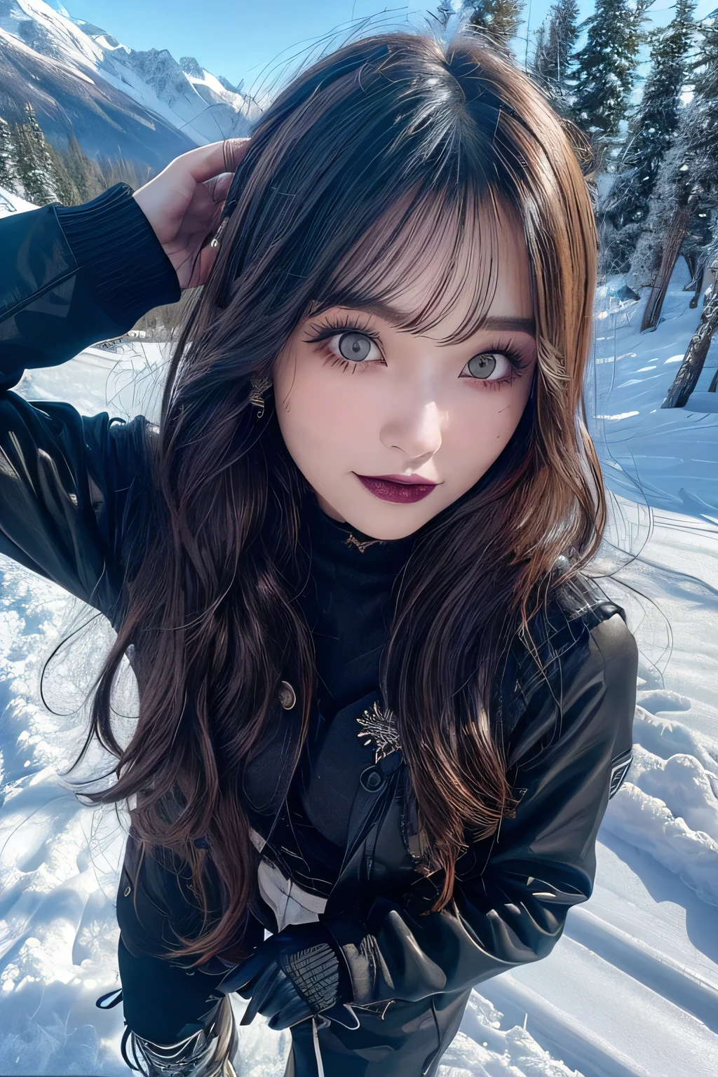 (Gothic Makeup:1.2), (Photogenic quality, Fidelity:1.9, Ultra-high-precision CG integrated 8K wallpaper), highest quality, A high resolution, RAW Photos, (Real skin texture:1.3), (Immersive atmosphere:0.8, Chiaroscuro:1.2), Textured skin, Highly detailed face, (beautiful girl), (ahegao:1.3), (photo realistic:1.3), Beautiful Women with Perfect Figure:1.3, (wavy Hair), Highly Detailed Face and Skin Texture, Snowboarding on a winter mountain trail, excited expression, winter jacket, snowboard boots, gliding on the snow