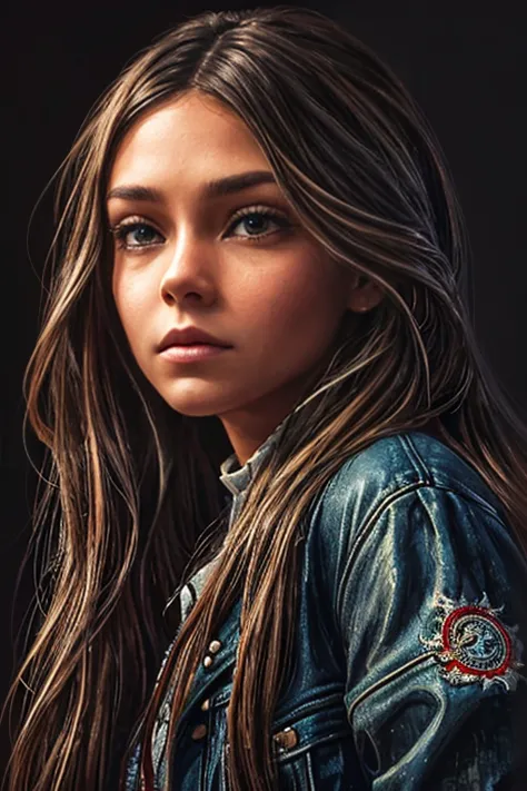 a painting of a woman with long hair and a jacket, madison beer girl portrait, realistic cute girl painting, realistic digital d...