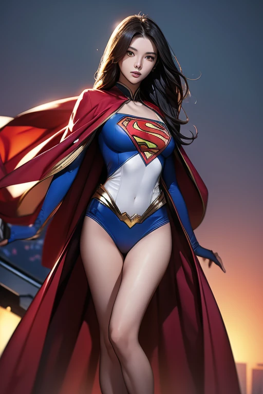 masterpiece（Just like the whole body:1.1），Slender women，Beautiful and attractive Chinese woman face，Superman&#39;s uniform，White Stockings，High heel leather shoes， 1 female，Small waist，Long legs，naked，Raised to be sexy，Large Breasts，nakedの胸，下半身naked，