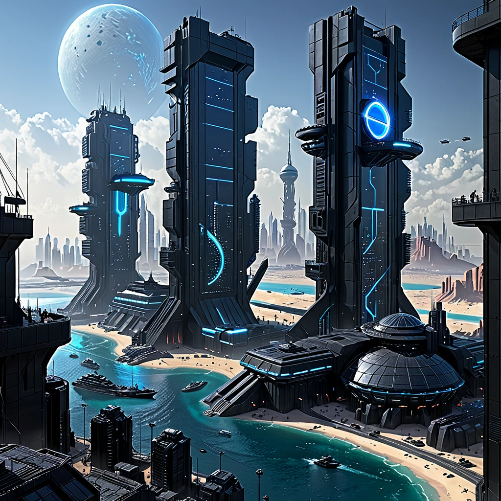 a detailed satellite map of a sci-fi high-tech city on six islands, blend of cyberpunk, solarpunk, brutalism and sci-fi styles, no writings, reminiscent of blade runner and villeneuve style, solarpunk isalnds archipelagos Skyline, a isalnds archipelagos Skyline  with four tower,[tower::black iron, black glass,arcanepunk style, brutalism style, sci-fi, Blade runner style, black metal and black glass monolith],Masdar,Neom, (best quality,4k,8k,highres,masterpiece:1.2),ultra-detailed,(realistic,photorealistic,photo-realistic:1.37)
