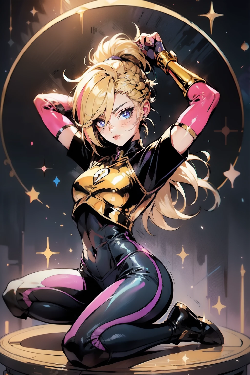 girl, blonde,ultra messy hair, multicolored bangs, braids, long ponytail, angelical forniture, celestial guardian, purple and pink theme, cute pose, long celestial boots, yoga pants, iron shoulders, short breastplate, fingerless gloves, gold gauntlets, ultra detailed face, long eyelashes, glowing eyes, MD Rin, lovely, Alta resolução, Obra-prima, Preciso, Melhor qualidade, 