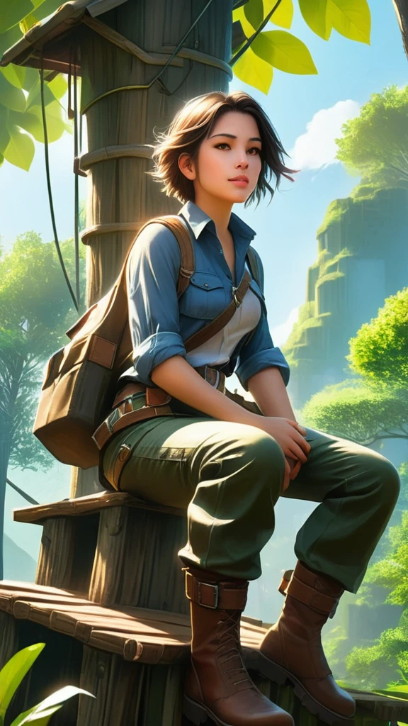 A character, sitting, a wooden platform, uma floresta densa, adventurous appearance, wearing leather boots, cargo pants, a casual shirt, sleeves rolled up, belts and straps around the legs, presumably to carry tools or weapons,  sun filtering through dense foliage, There are signs of tree houses, wooden structures hidden among the trees, a village, high resolution