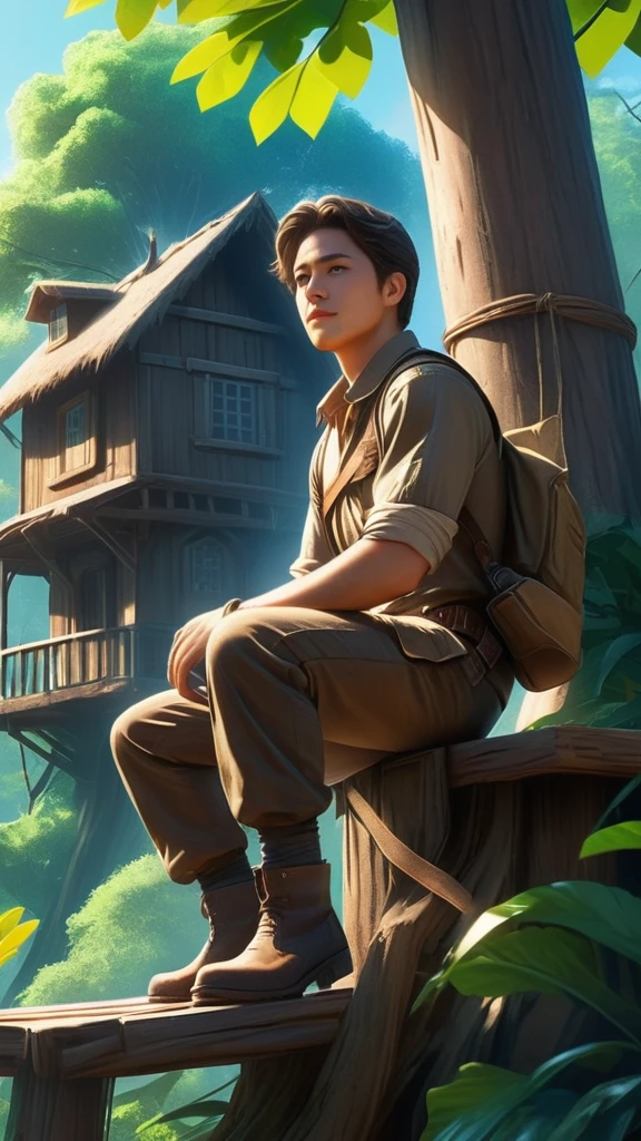 a male character, sitting, a wooden platform, uma floresta densa, adventurous appearance, wearing leather boots, brown cargo pants, a brown casual shirt, sleeves rolled up, belts and straps around the legs, presumably to carry tools or weapons,  sun filtering through dense foliage, There are signs of tree houses, wooden structures hidden among the trees, a village, high resolution