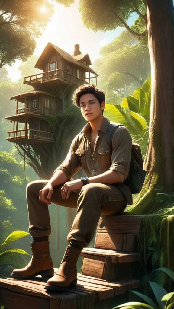 a male character, sitting, a wooden platform, uma floresta densa, adventurous appearance, wearing leather boots, brown cargo pants, a brown casual shirt, sleeves rolled up,  sun filtering through dense foliage, There are signs of tree houses, wooden structures hidden among the trees, a village, high resolution