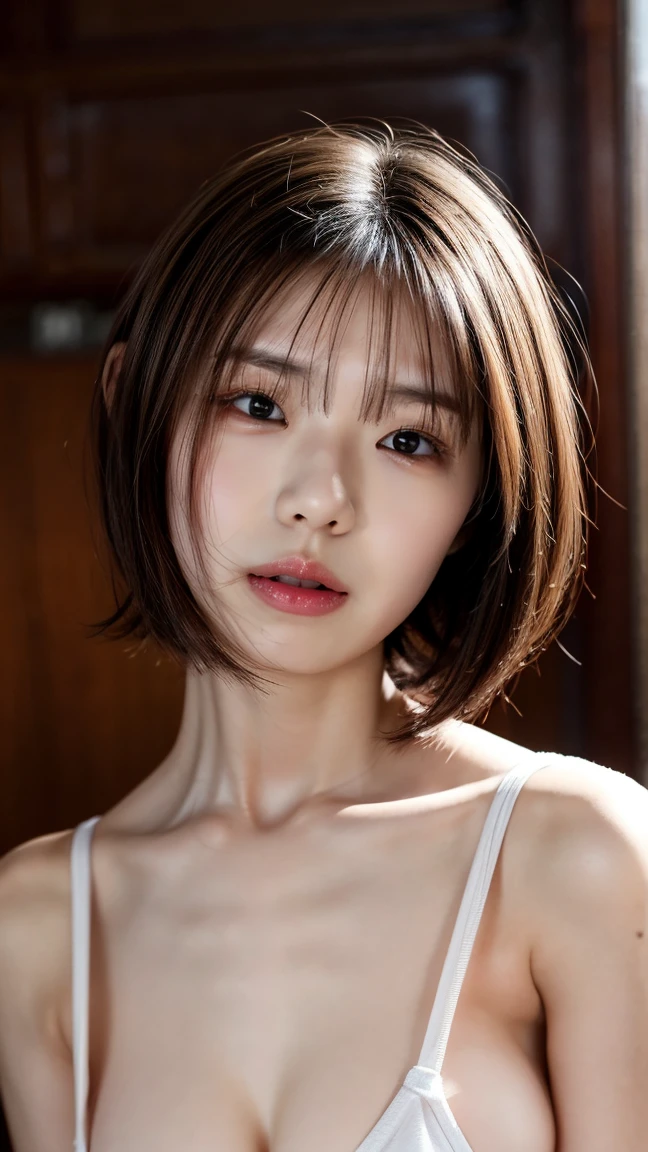 ((Petite women, Sensual woman, No makeup, 柔らかい笑face)), (((Small eyes, length, Narrow eyes, Black Hair, Short Bob Hair))), (Full body portrait, Short Hair, Large Breasts, Wearing a white T-shirt, Protruding nipples, Thick pubic hair), White skin, Glossy pale lips, skinny, Body Type, Delicate and sexy collarbone, Best Quality, RAW Photos, Realistic, face, so beautiful, cute, Depth of the written border, High resolution, 超detailed, detailed, Very detailed, extremely detailed eye and face, Sharp pupils, Sharp focus, Cinema Lighting