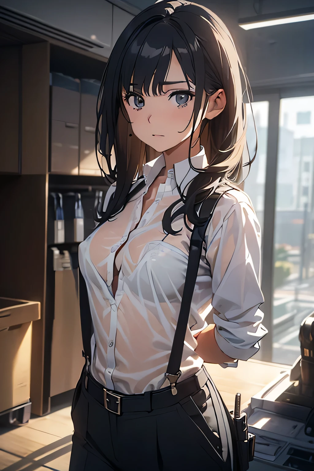 a woman in a suit, belt, hands behind back, sweating, suspenders, black pants, large breasts, see-through clothing, rain, detective, office worker, white button-up shirt, (best quality,4K,8k,highres,masterpiece:1.2),ultra-detailed,(realistic,photorealistic,photo-realistic:1.37),hyper-detailed,highly detailed face and body, Slender　thin　suspenders　Moderate breasts　See-through shirt　Nipples　holster　chain　Pistol　Armament　criminal　Female criminal　knife 　 Hands Behind Back　Constraints 程よい胸 黒いマスク
