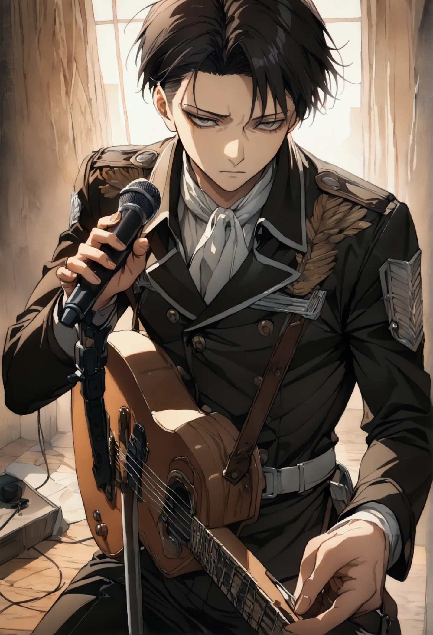 1 male,Levi Ackerman,Attack on Titan,,Intricate details,Wide range of colors,Artwork,rendering,(masterpiece:1.3),(Best Quality:1.4),(Very detailed:1.5),High resolution,Very detailed,Unity 8k ，（Playing electric guitar，Sing a song），Microphone Stand，uniform，gym