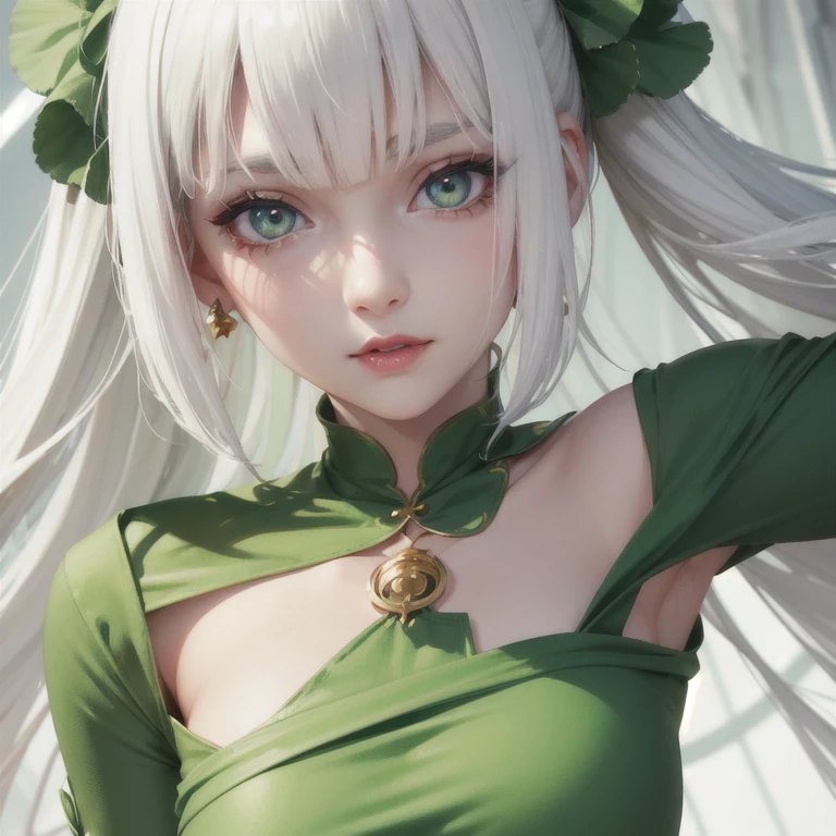 agirl white hair, green eyes, close view, green tight dress red lipstick, detailed face, detailed eyes.